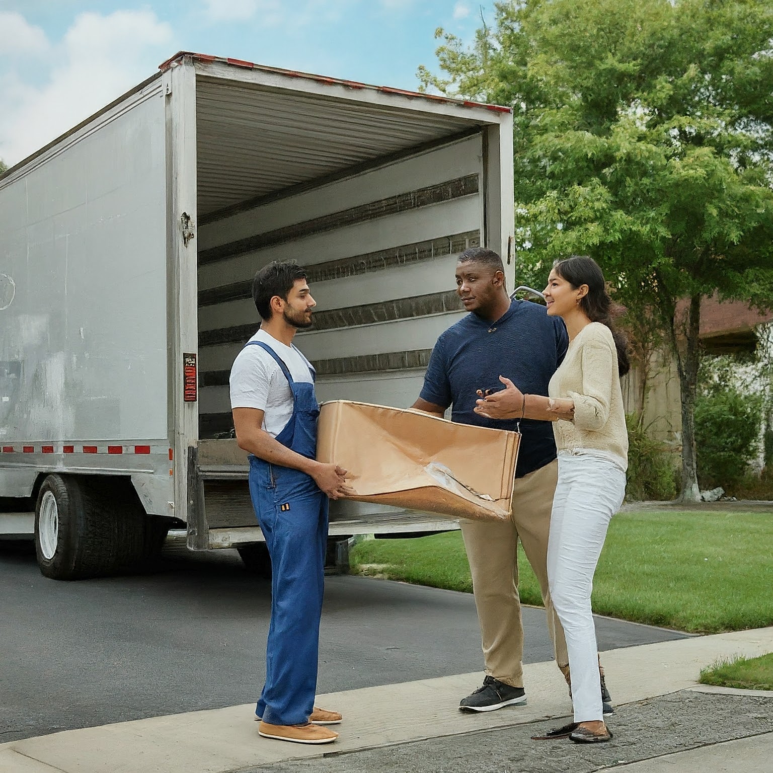 mover delivers a damaged, crushed box out of the back of a moving van to a man and woman